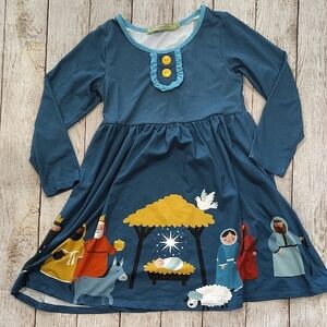 Blue Long Sleeve Kids Dress with Nativity Scene